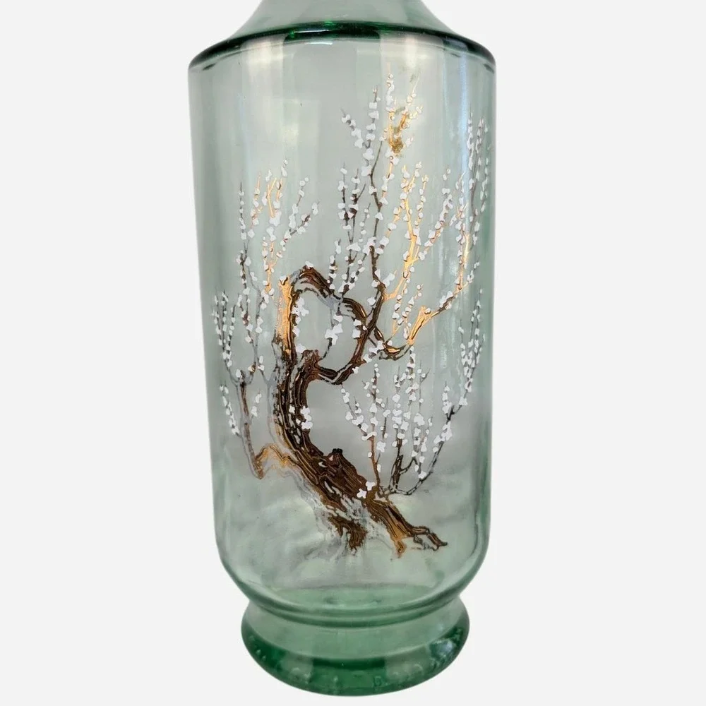 1960s MCM Art Glass Decanter Painted Blossom Branch